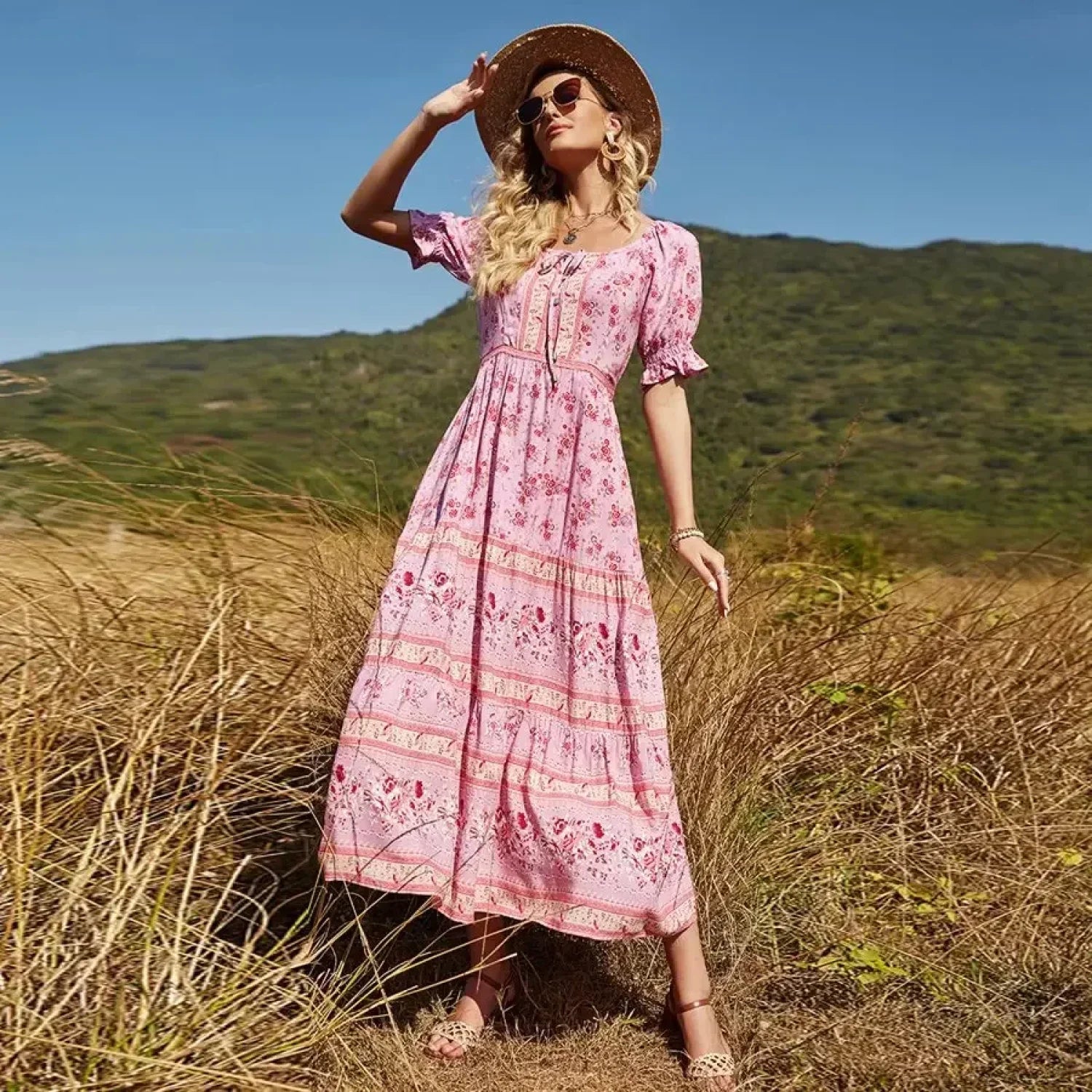 Floral Print V-Neck Button Pleated Rayon Boho Dress