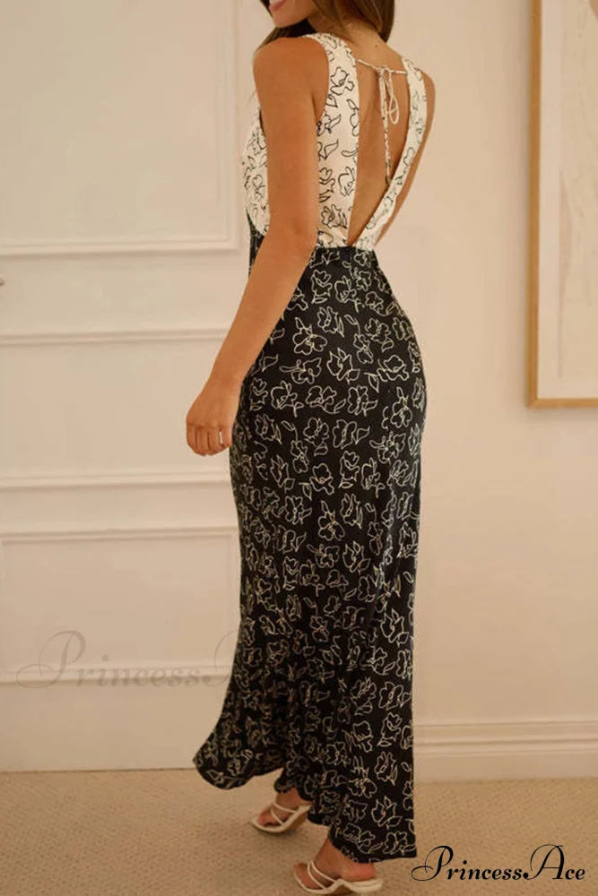 Floral Print V Neck Dress With Contrast Detail And Tie-Back