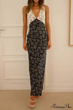 Floral Print V Neck Dress With Contrast Detail And Tie-Back