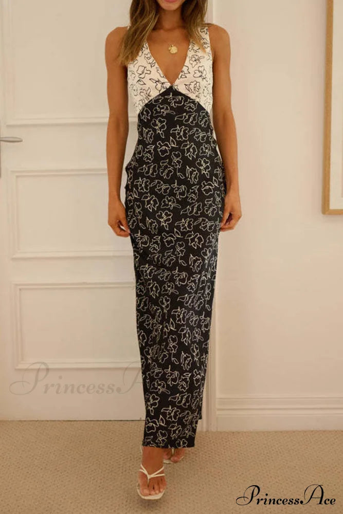 Floral Print V Neck Dress With Contrast Detail And Tie-Back