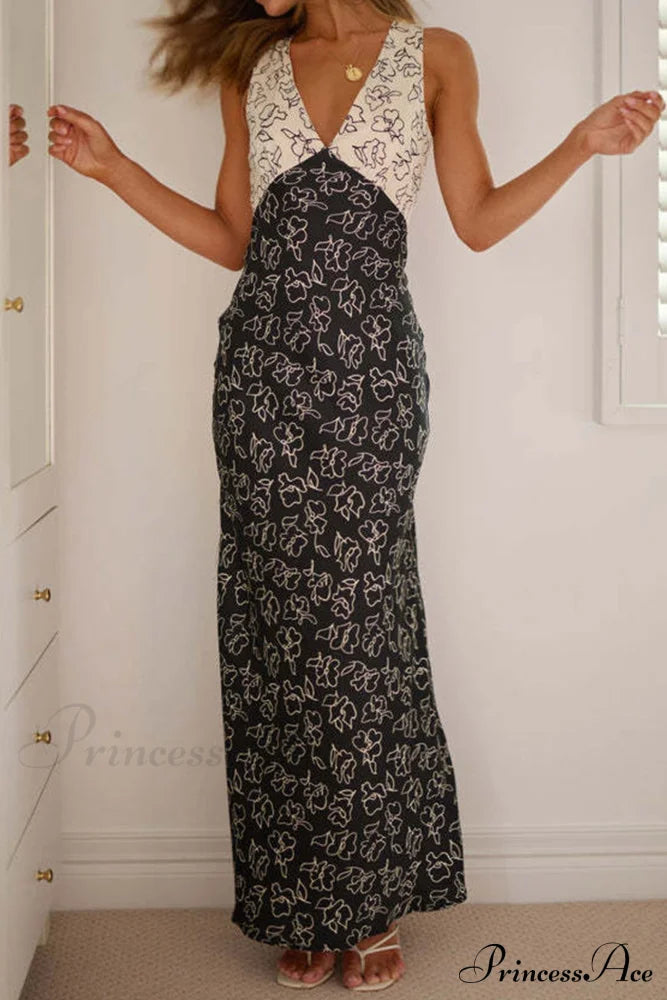 Floral Print V Neck Dress With Contrast Detail And Tie-Back