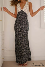 Floral Print V Neck Dress With Contrast Detail And Tie-Back