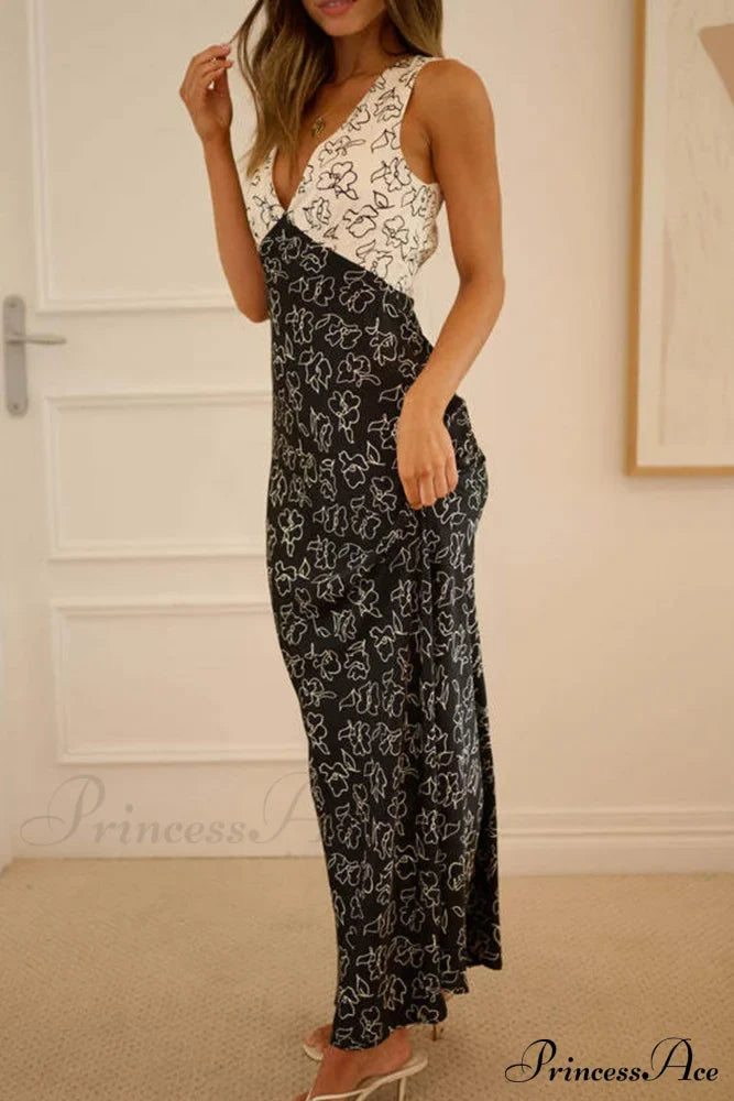 Floral Print V Neck Dress With Contrast Detail And Tie-Back