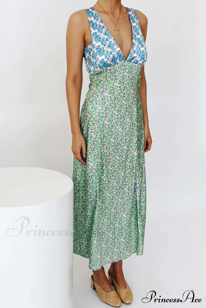 Floral Print V Neck Dress With Contrast Detail And Tie-Back