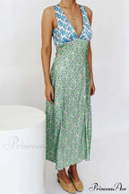 Floral Print V Neck Dress With Contrast Detail And Tie-Back