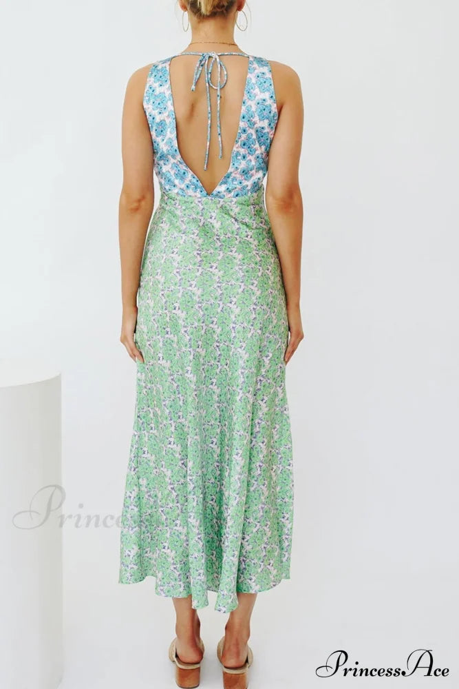 Floral Print V Neck Dress With Contrast Detail And Tie-Back