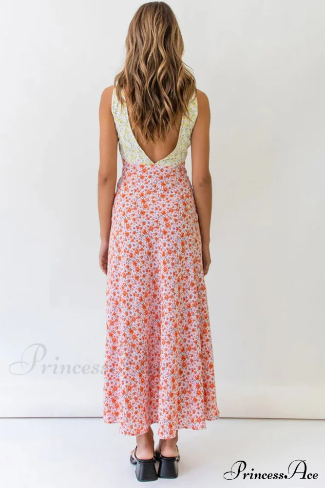 Floral Print V Neck Dress With Contrast Detail And Tie-Back