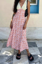 Floral Print V Neck Dress With Contrast Detail And Tie-Back