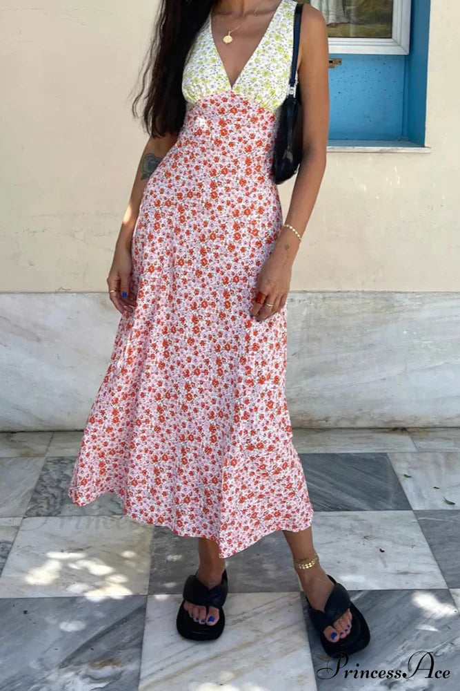 Floral Print V Neck Dress With Contrast Detail And Tie-Back