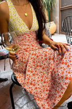 Floral Print V Neck Dress With Contrast Detail And Tie-Back