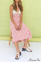 Floral Print V Neck Dress With Contrast Detail And Tie-Back