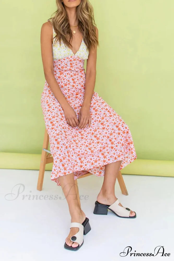 Floral Print V Neck Dress With Contrast Detail And Tie-Back