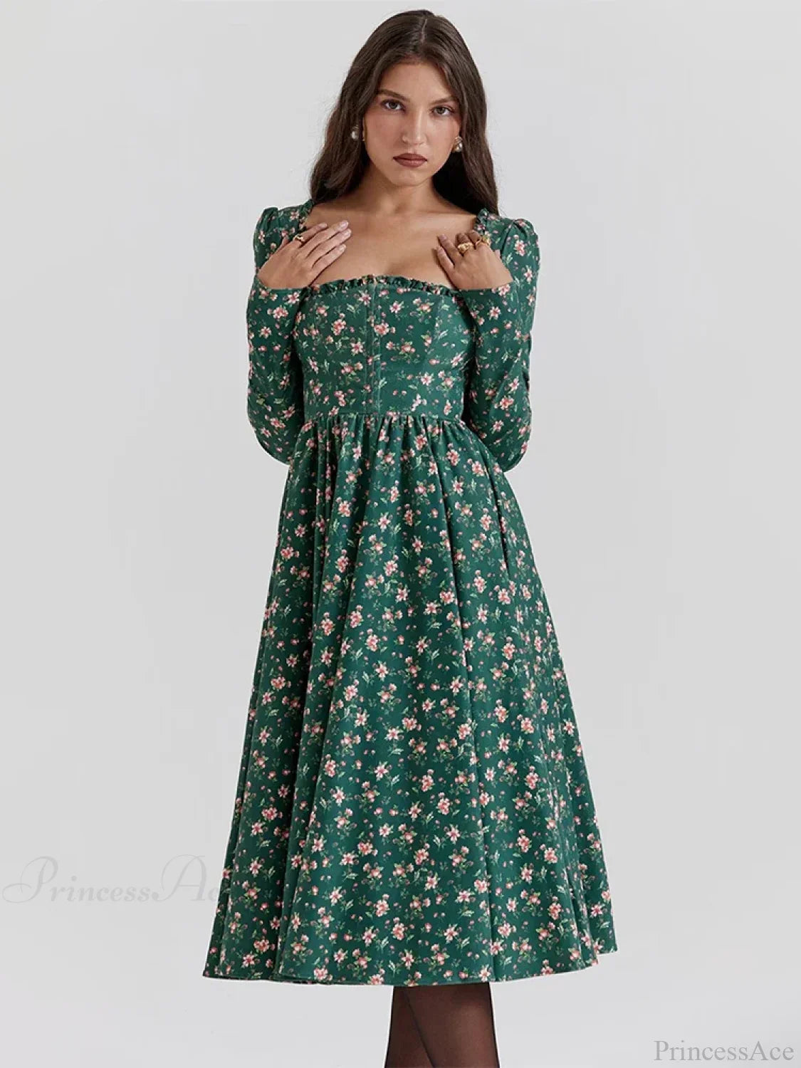 Floral Printed Backless Square Neck Midi Dress