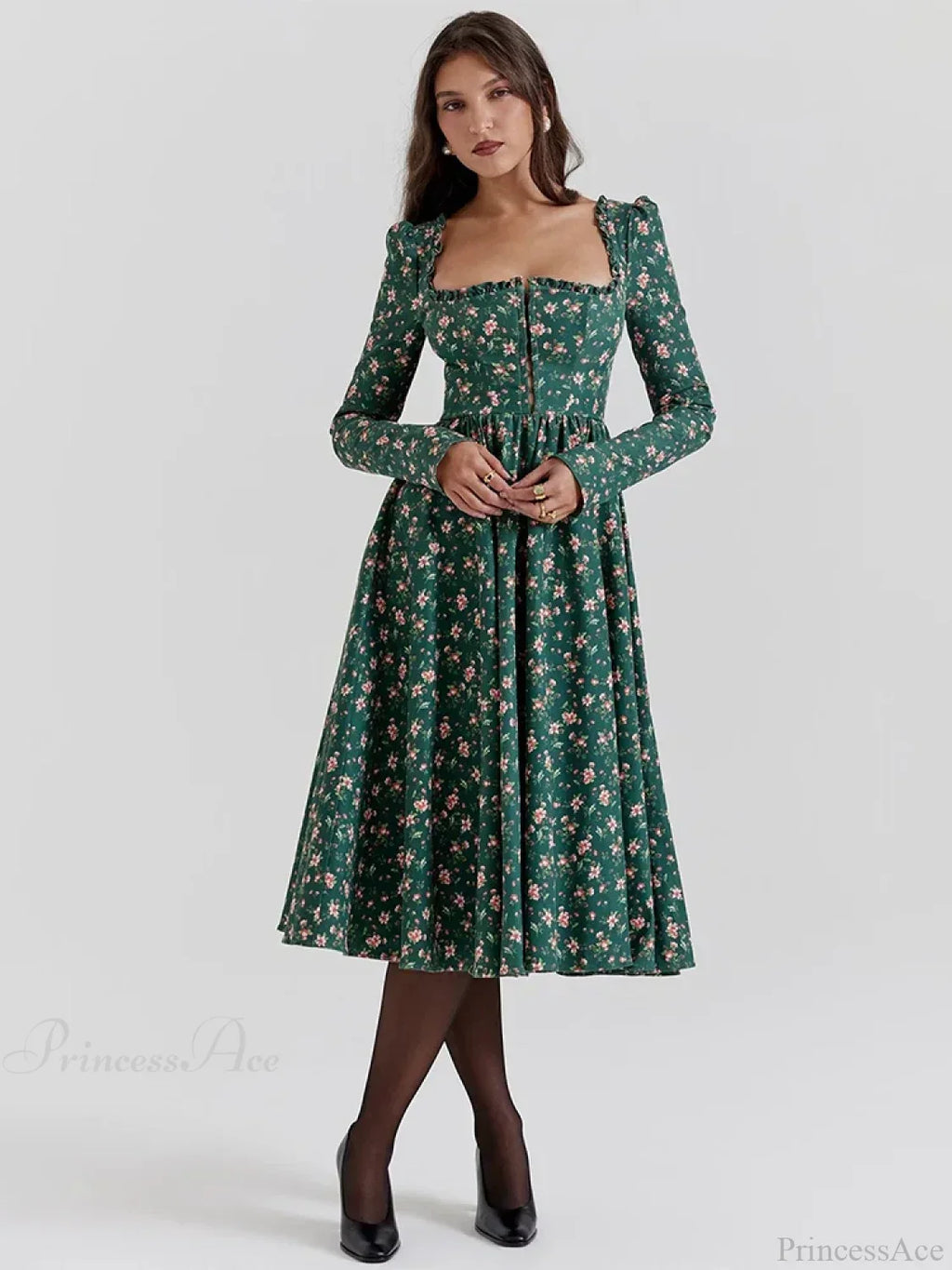 Floral Printed Backless Square Neck Midi Dress
