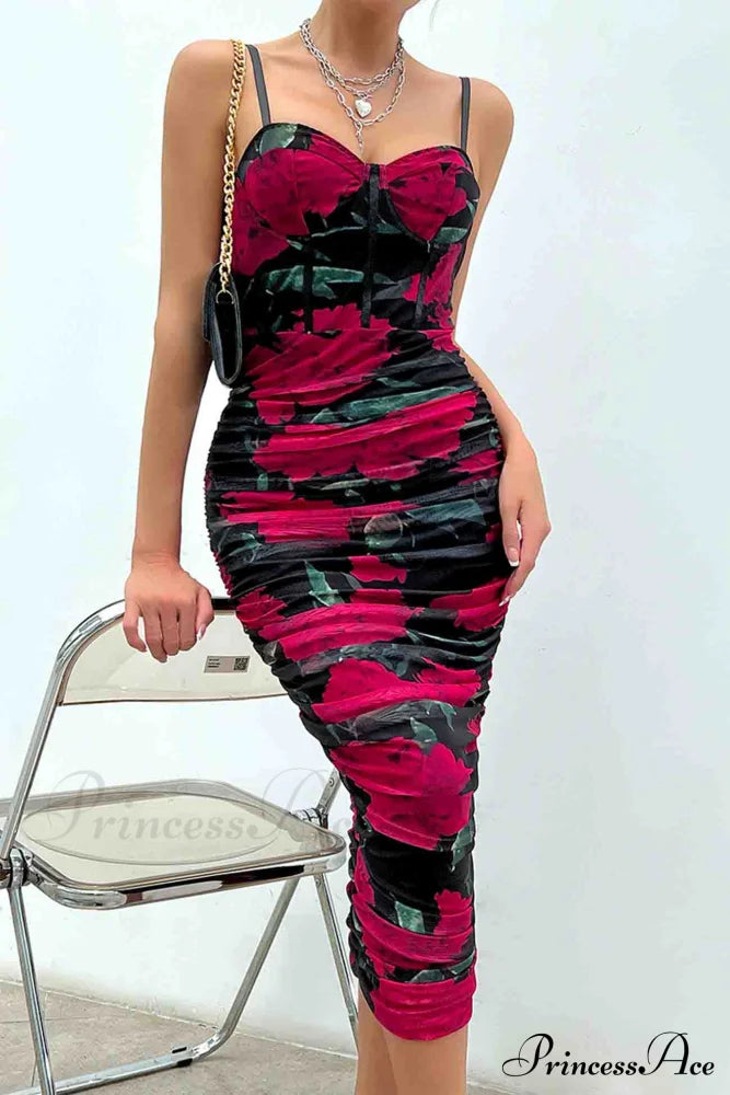 Floral Rushed Bodycon Cami Dress
