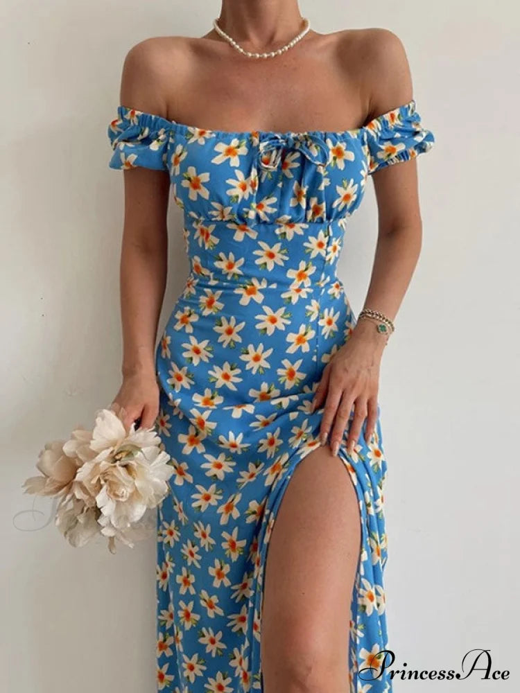 Floral Slit Midi Dress With Off The Shoulder Design