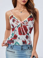 Floral Spaghetti Strap Bandage Lace Trim V-Neck Camisole