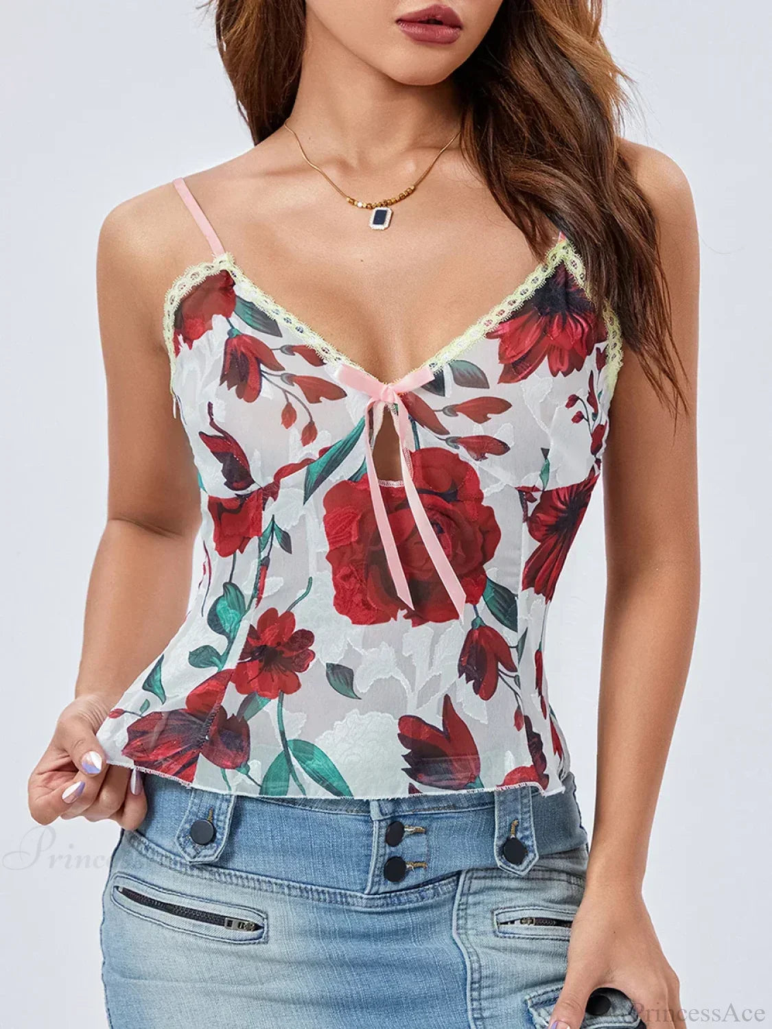 Floral Spaghetti Strap Bandage Lace Trim V-Neck Camisole
