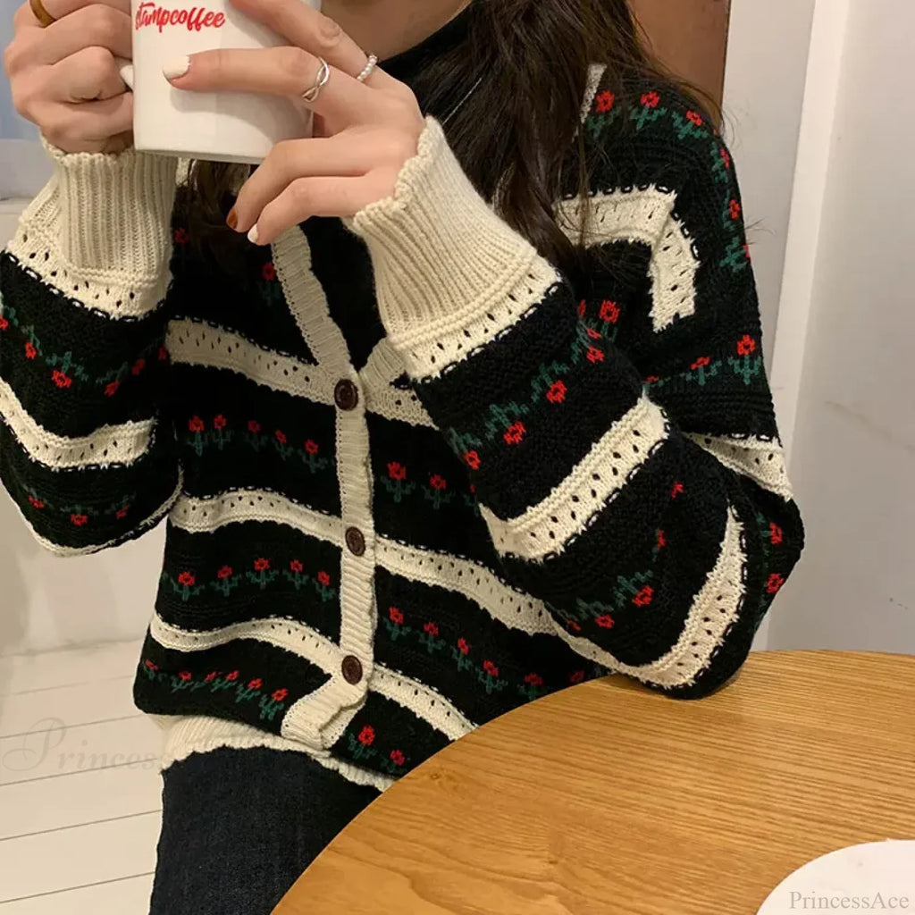 Floral Striped Textured Button Front Cardigan
