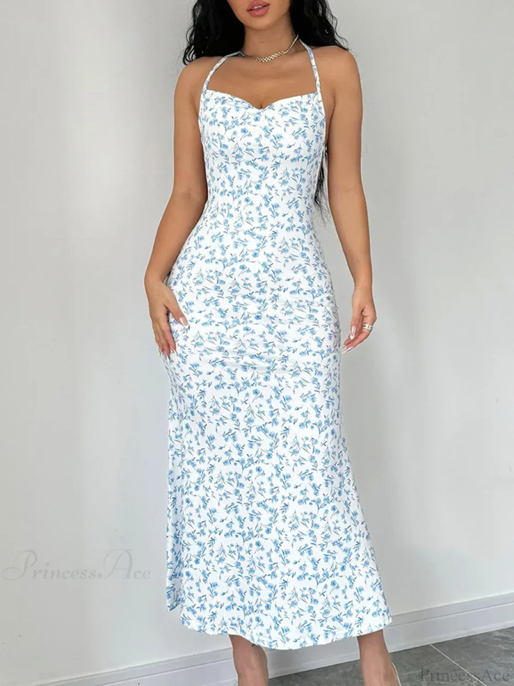 Floral Tied Backless Halter Split Dress