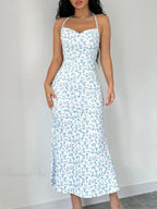 Floral Tied Backless Halter Split Dress