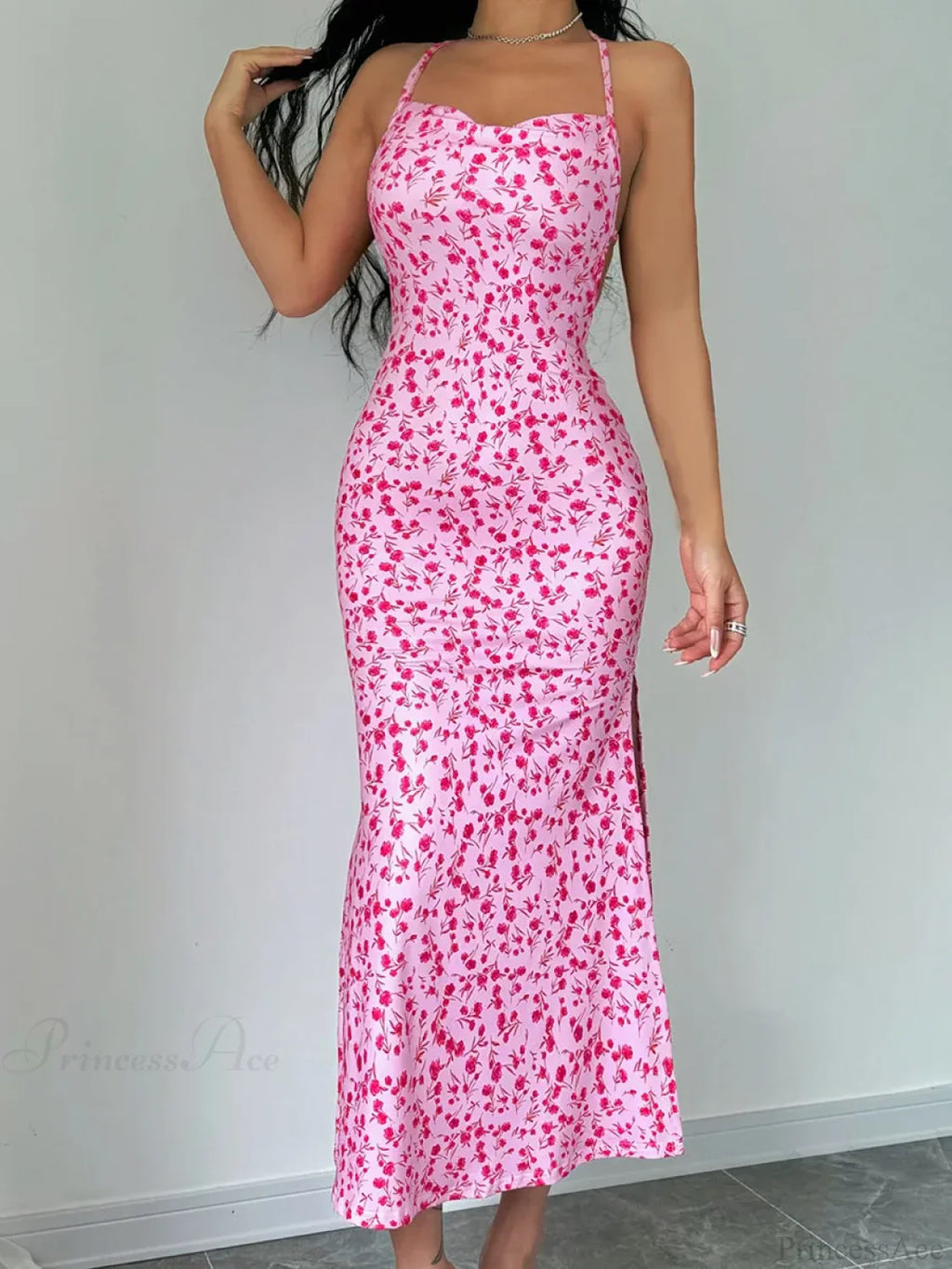 Floral Tied Backless Halter Split Dress