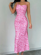 Floral Tied Backless Halter Split Dress