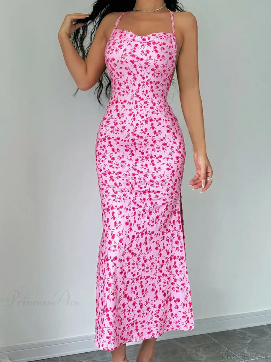 Floral Tied Backless Halter Split Dress
