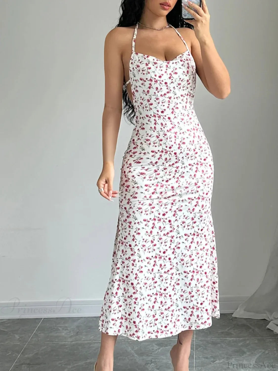 Floral Tied Backless Halter Split Dress