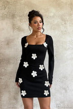 Floral Waist Slim Long Sleeve Bodycon Mini Dress