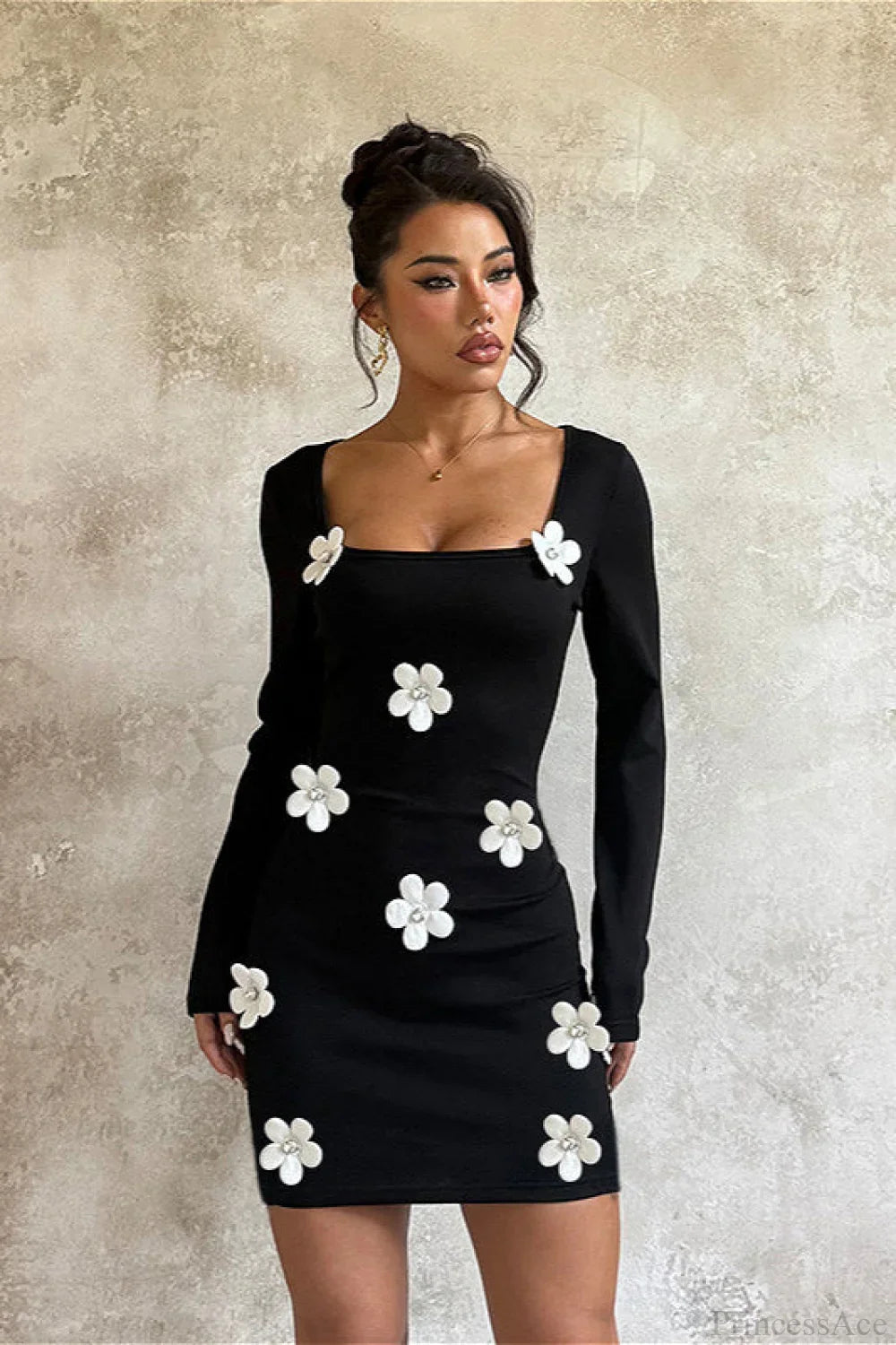 Floral Waist Slim Long Sleeve Bodycon Mini Dress