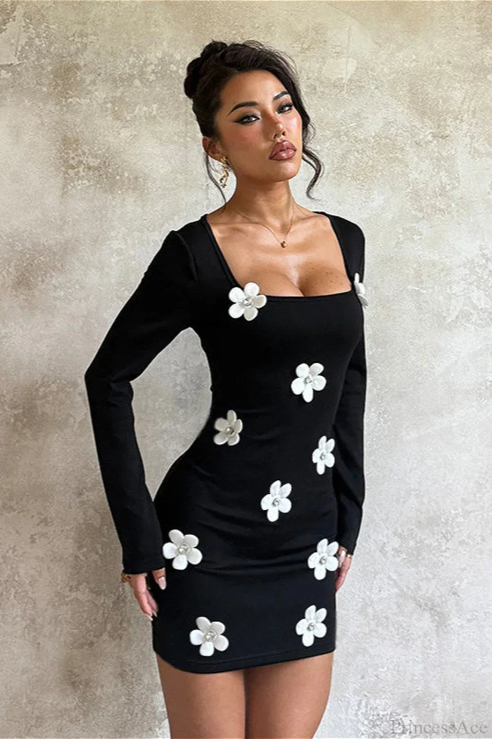 Floral Waist Slim Long Sleeve Bodycon Mini Dress
