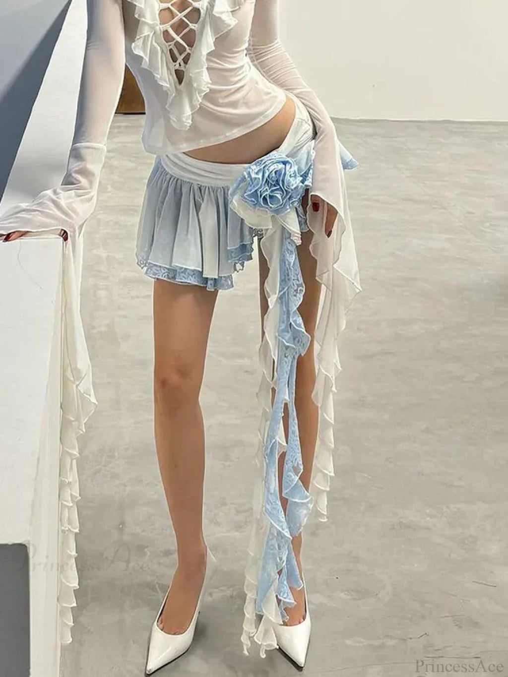 Flower Lace Mini Skirt Asymmetrical Ruffle High Street