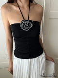 Flower Patchwork Halter Tubes Off Shoulder Backless Tank Women Ruched Black Mini Vests Top