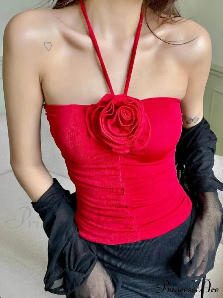 Flower Patchwork Halter Tubes Off Shoulder Backless Tank Women Ruched Black Mini Vests Top