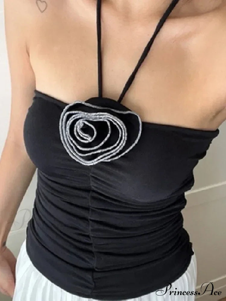 Flower Patchwork Halter Tubes Off Shoulder Backless Tank Women Ruched Black Mini Vests Top