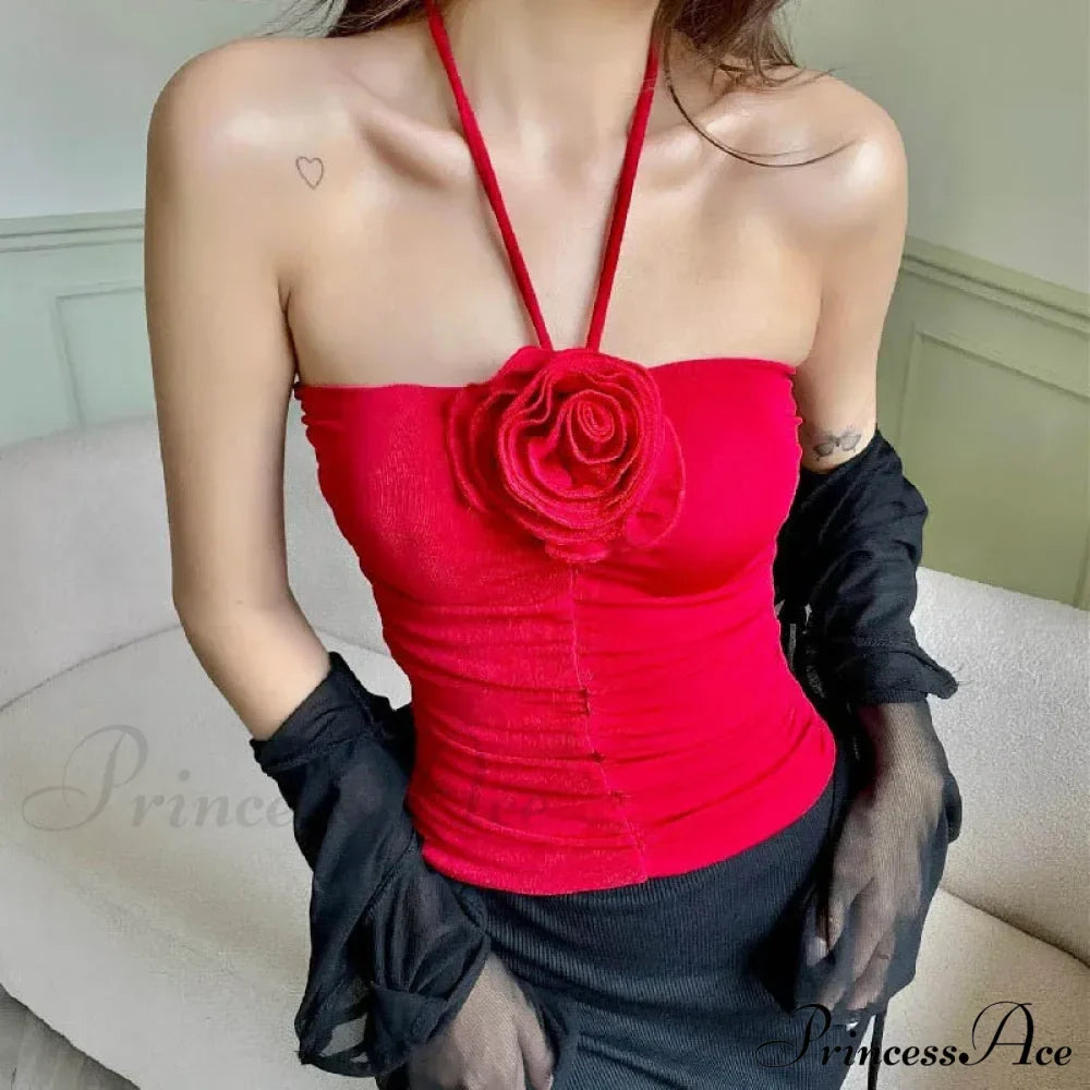 Flower Patchwork Halter Tubes Off Shoulder Backless Tank Women Ruched Black Mini Vests Top