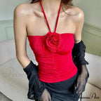 Flower Patchwork Halter Tubes Off Shoulder Backless Tank Women Ruched Black Mini Vests Top