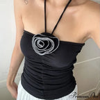 Flower Patchwork Halter Tubes Off Shoulder Backless Tank Women Ruched Black Mini Vests Top