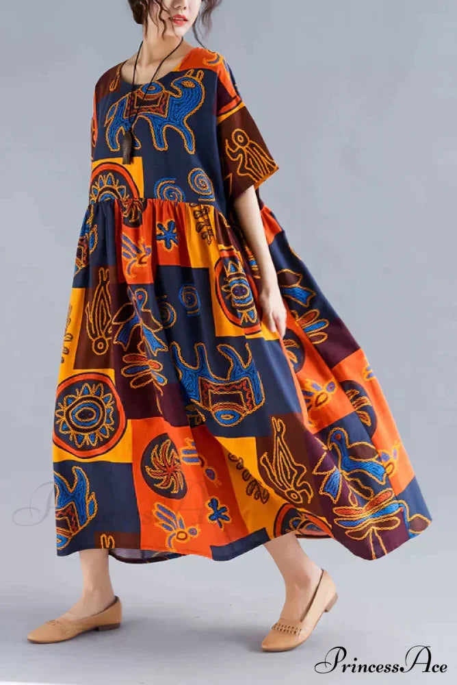 Flowered Gown Full-Length Cotton Bohemian In Fabric