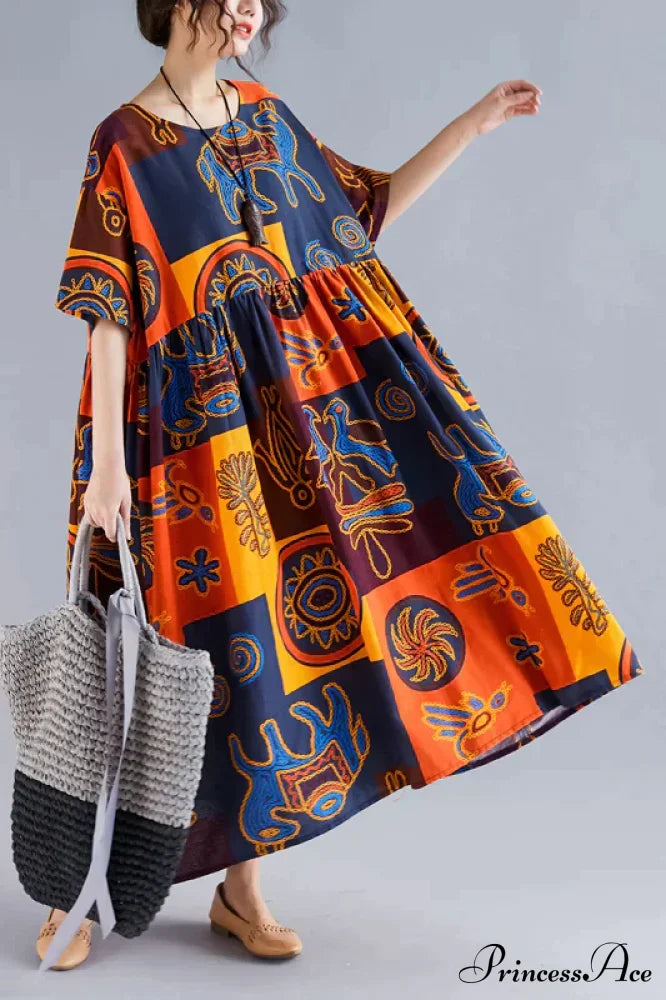 Flowered Gown Full-Length Cotton Bohemian In Fabric