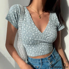 French Retro Floral V-Neck Short-Sleeved T-Shirt