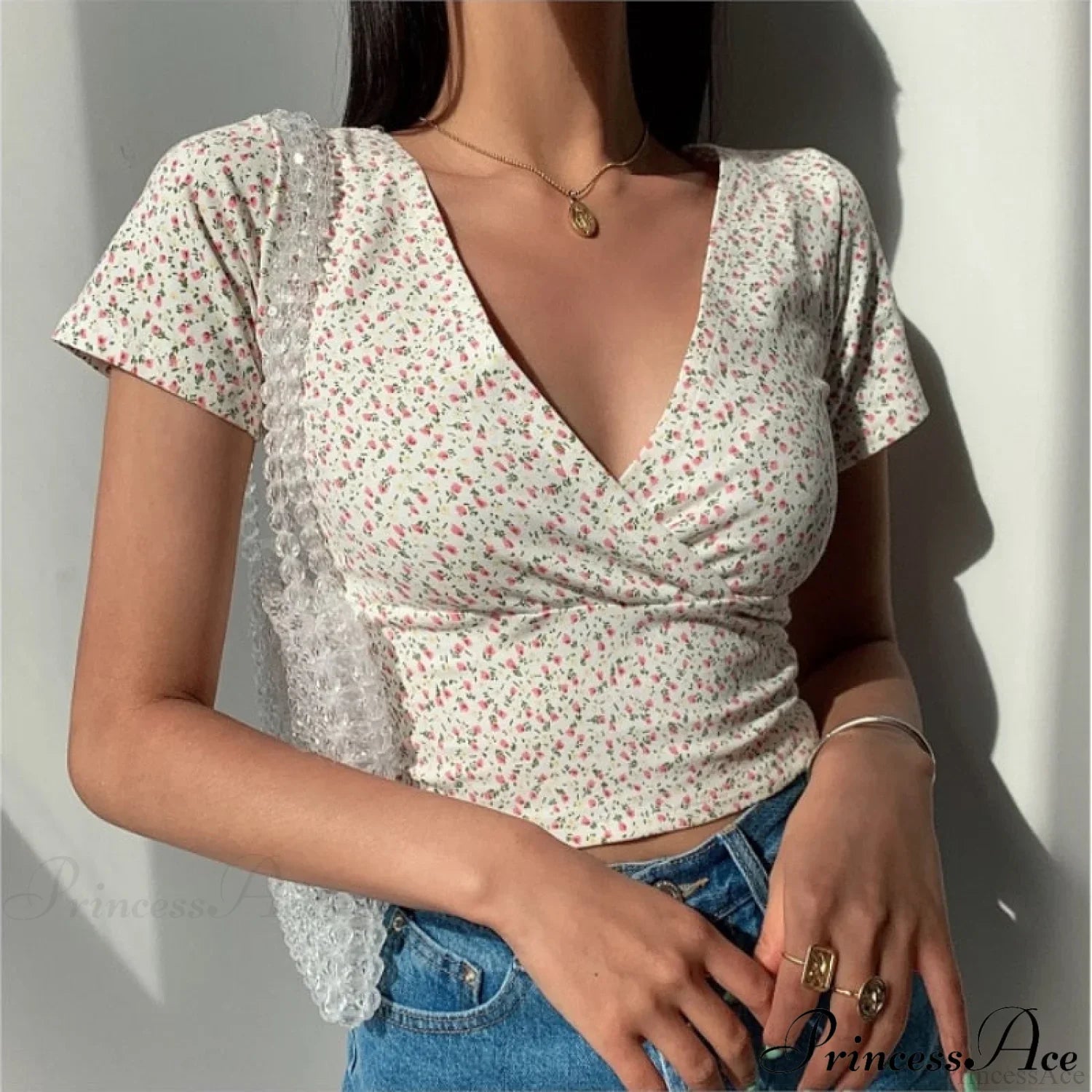 French Retro Floral V-Neck Short-Sleeved T-Shirt