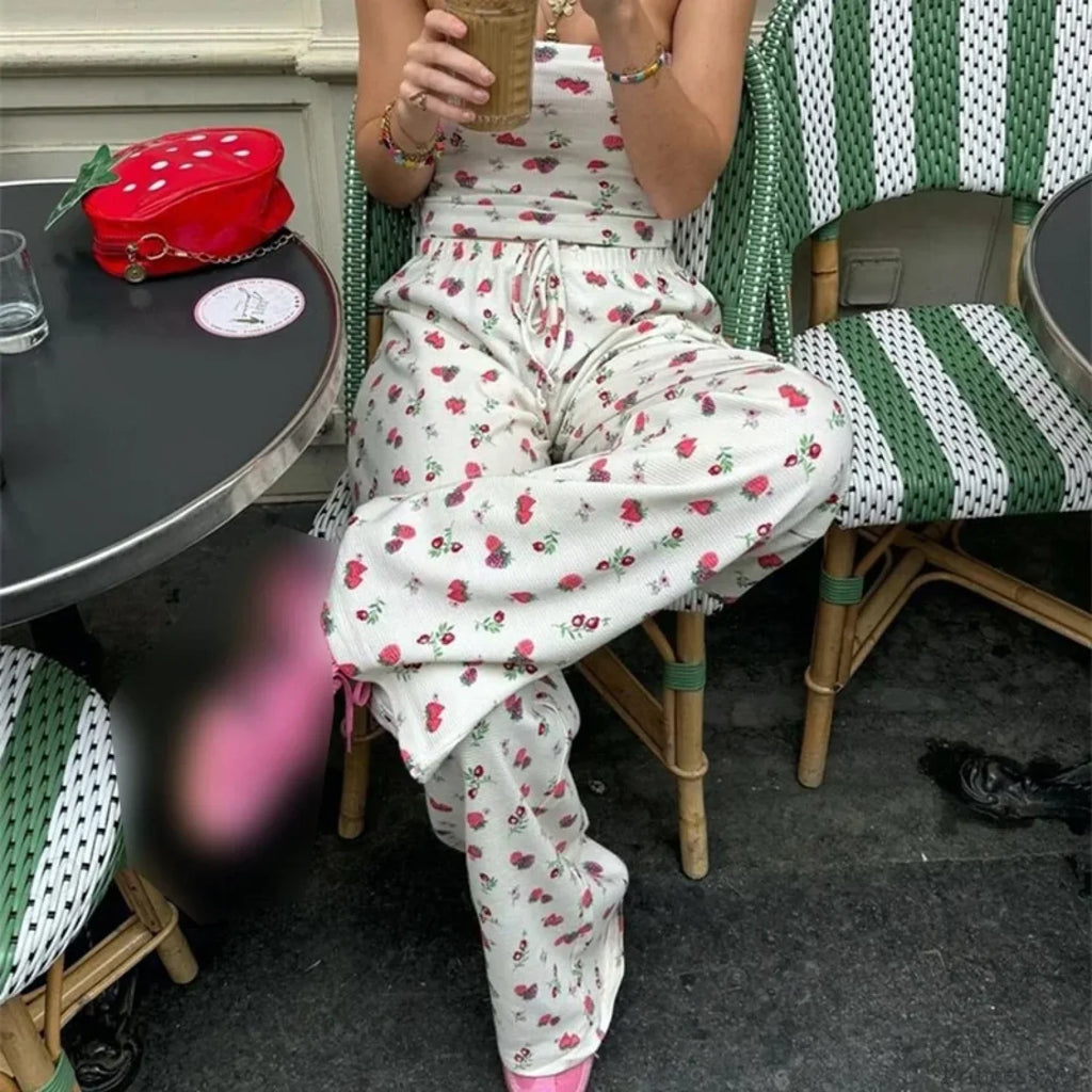 Fruit Print Strapless Tube Top Backless Crop Pants Two Pieces Set