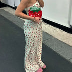 Fruit Print Strapless Tube Top Backless Crop Pants Two Pieces Set