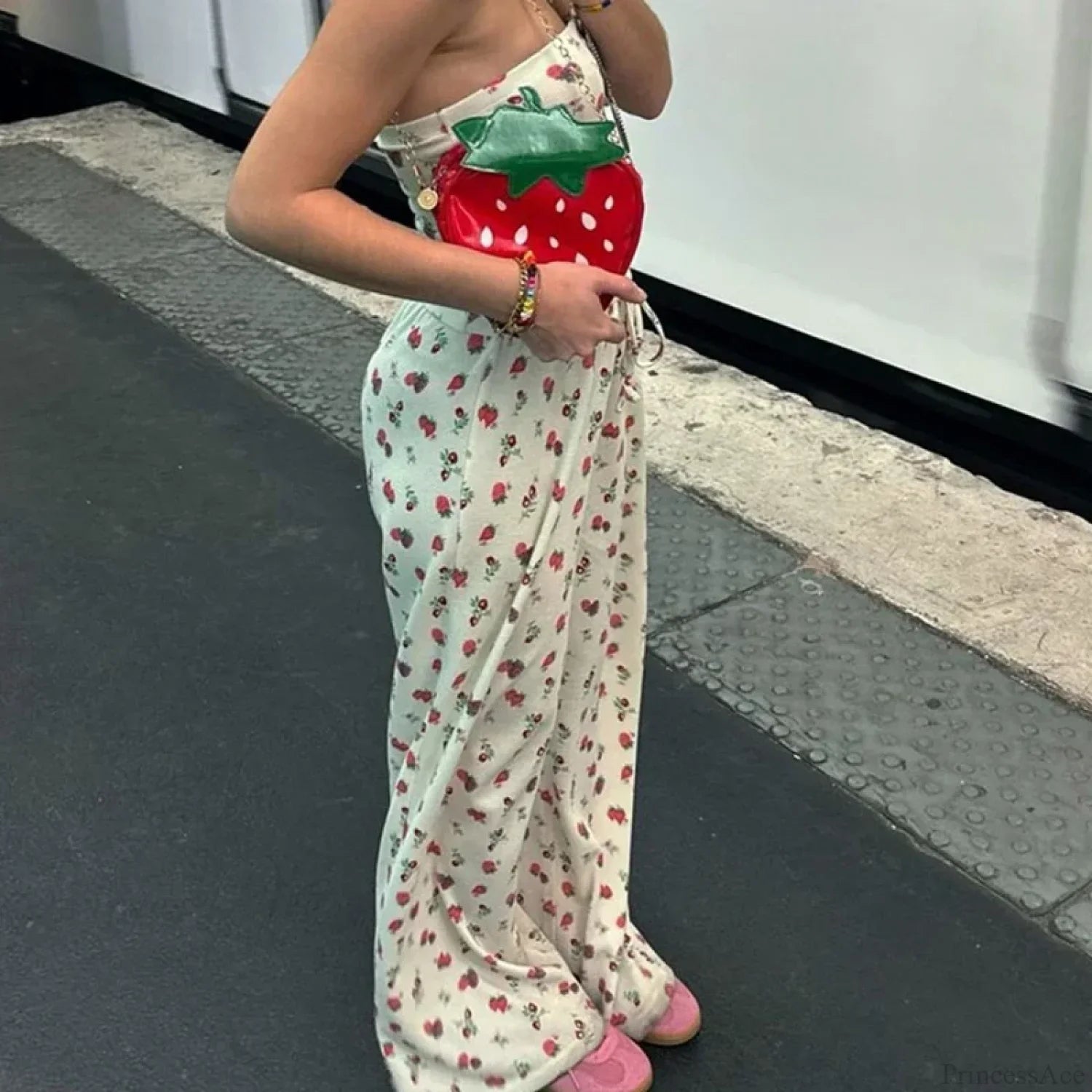 Fruit Print Strapless Tube Top Backless Crop Pants Two Pieces Set