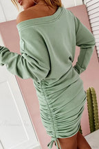 Gathering Dress With Drop Shoulder And Drawstring