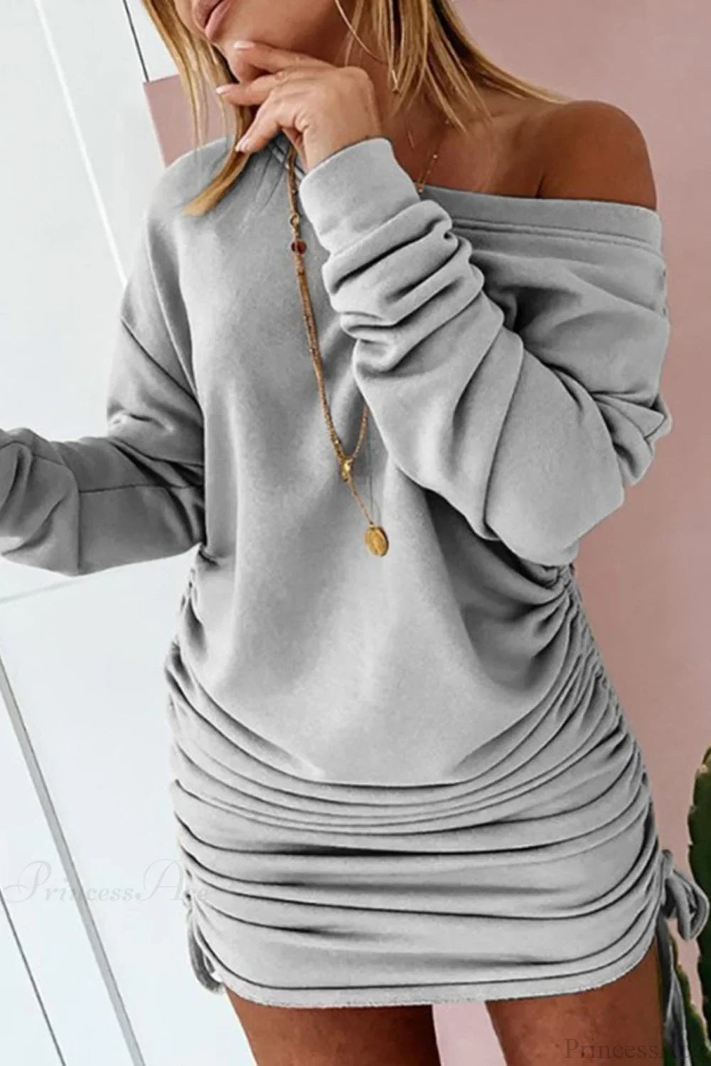Gathering Dress With Drop Shoulder And Drawstring