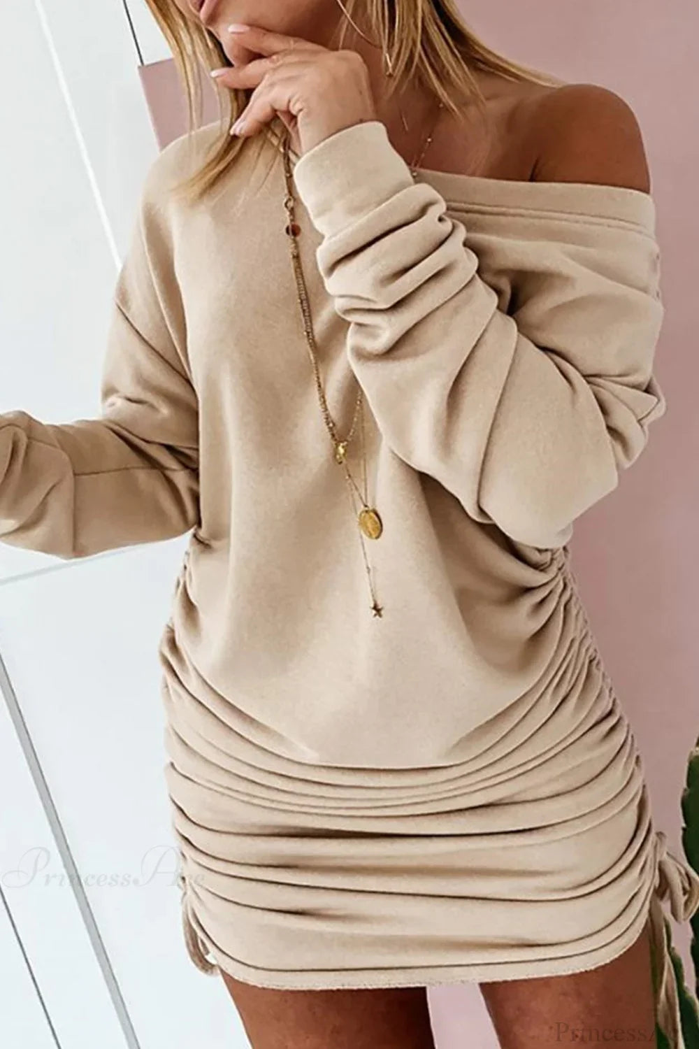 Gathering Dress With Drop Shoulder And Drawstring