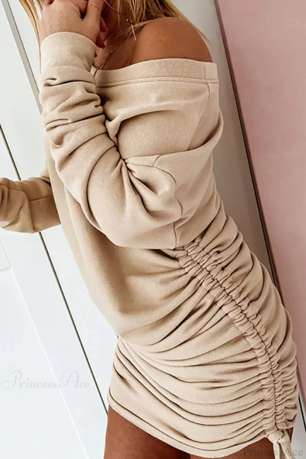 Gathering Dress With Drop Shoulder And Drawstring